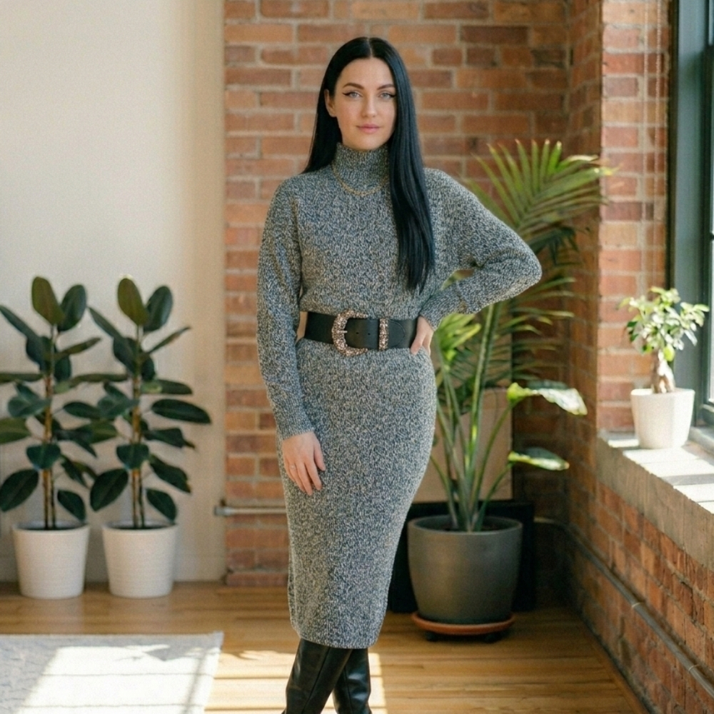 H&M Black Melange Knit Polo Maxi Sweater Dress XS Wool Blend